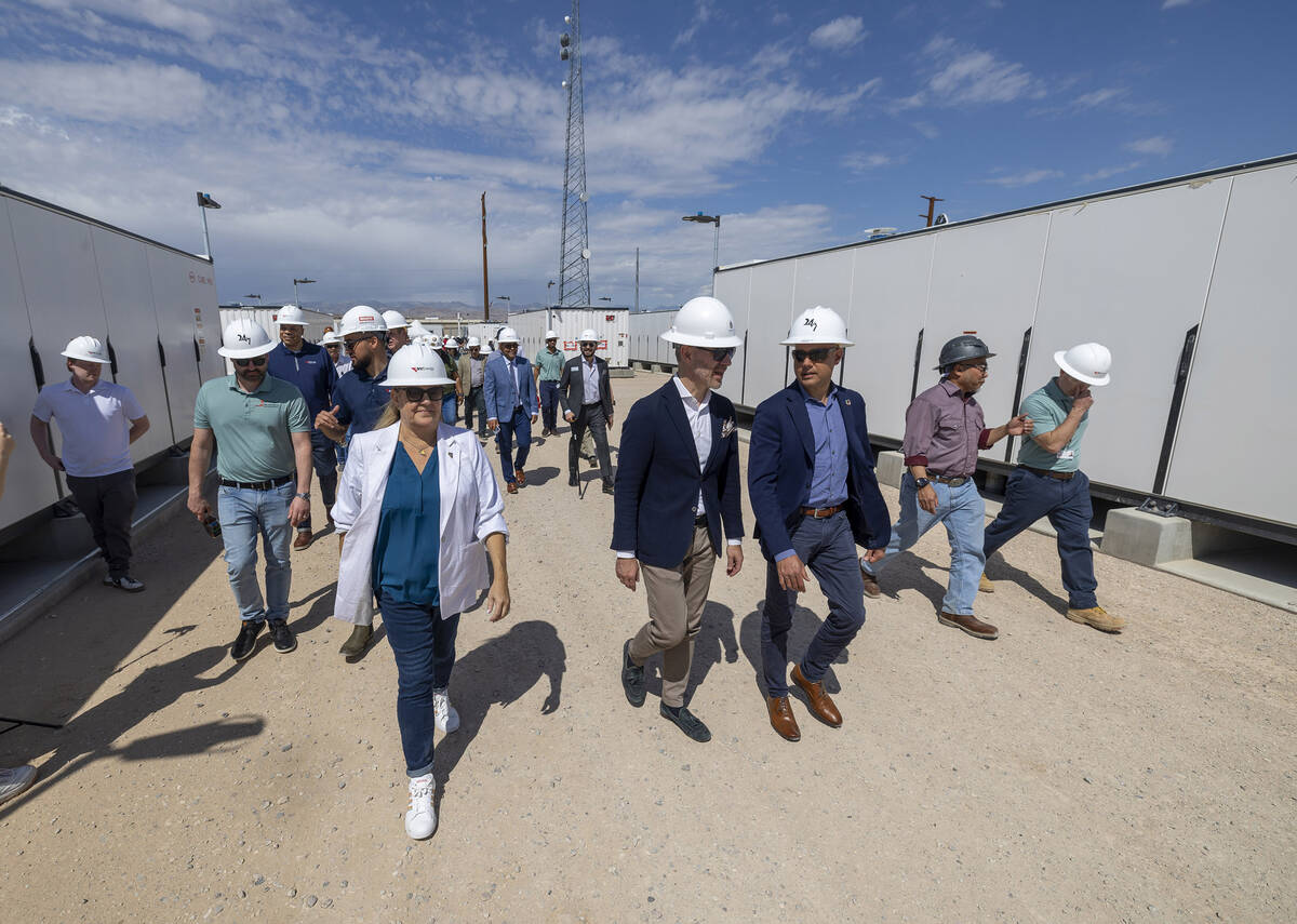 Invited guests take a tour by NV Energy for its Reid Gardner Battery Energy Storage System on T ...