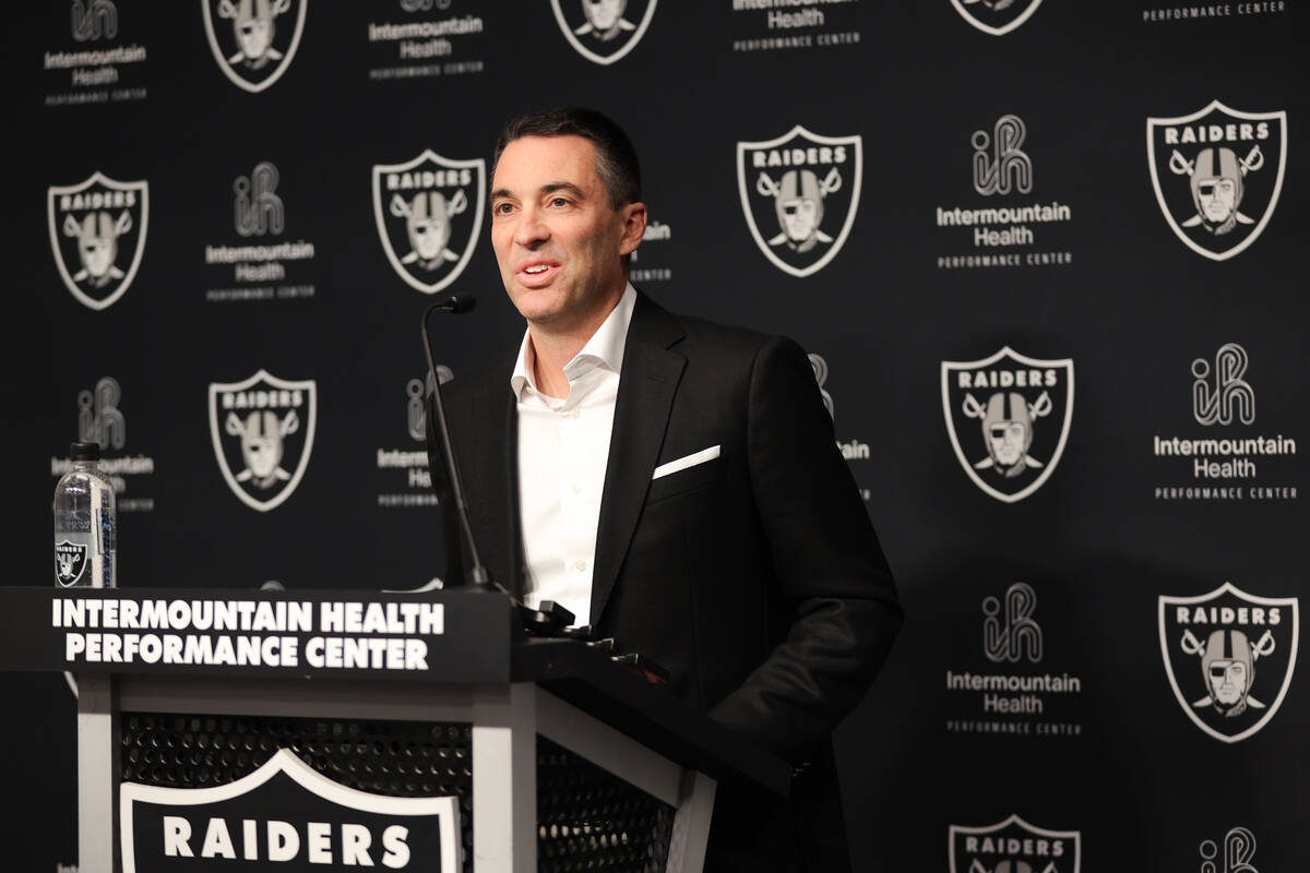 Las Vegas Raiders general manager Tom Telesco speaks during a news conference after the Raiders ...