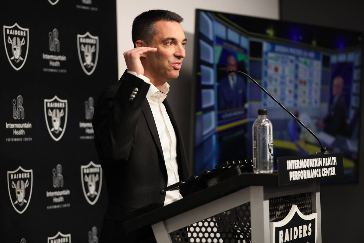 Las Vegas Raiders general manager Tom Telesco speaks during a news conference after the Raiders ...