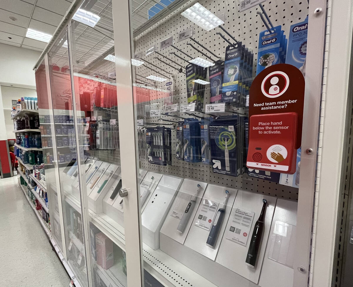 Toothbrushes are among the many products now locked behind security glass at a Target in Pasade ...