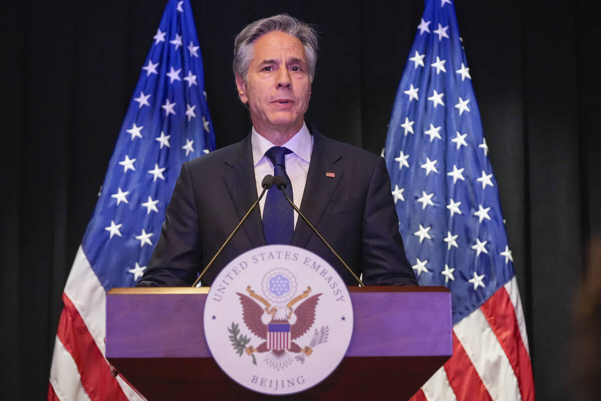U.S. Secretary of State Antony Blinken speaks during a press conference at the U.S. Embassy in ...