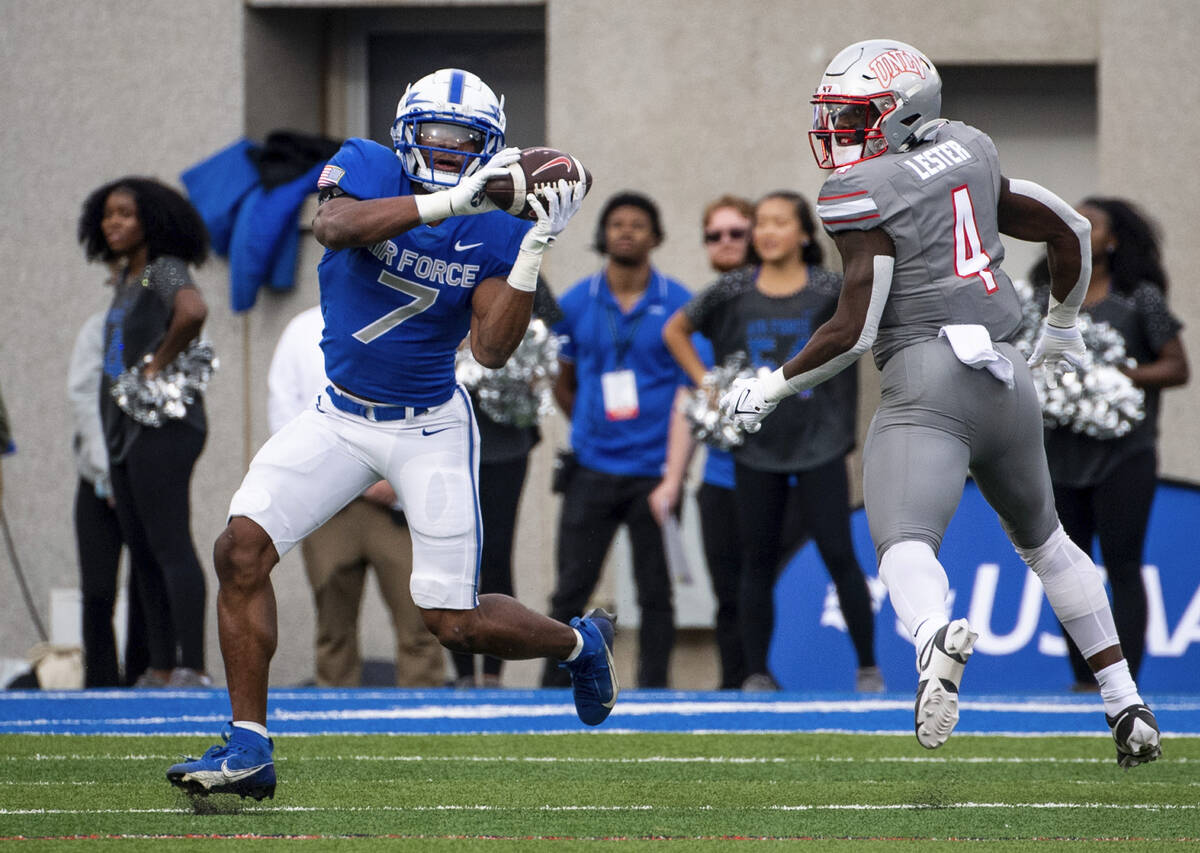 Air Force safety Trey Taylor (7) intercepts a catch meant for UNLV running back Donavyn Lester ...