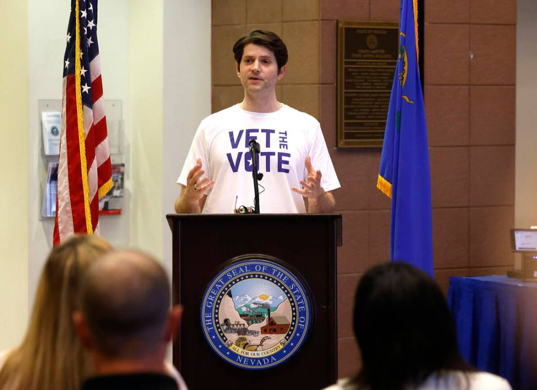 Daniel Vallone, director of Vet the Vote, speaks during Vet the Vote event, a nonprofit initiat ...