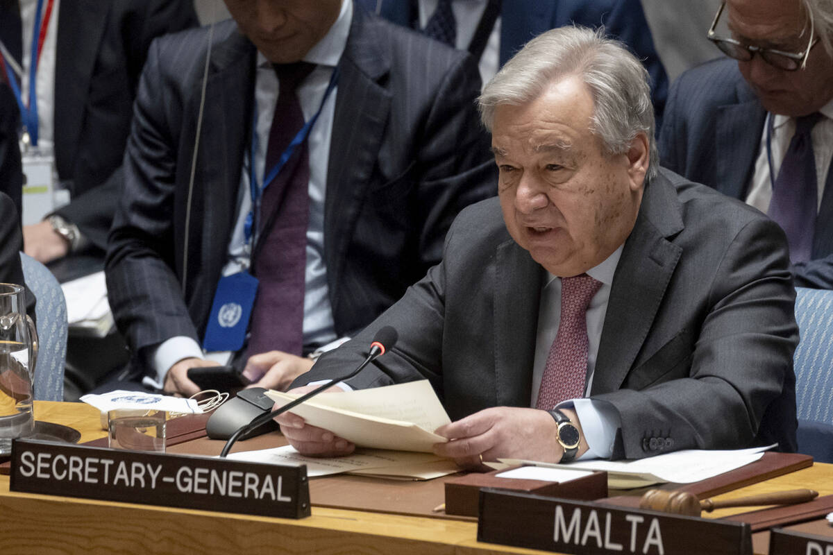 FILE - United Nations Secretary General Antonio Guterres speak during a Security Council meetin ...