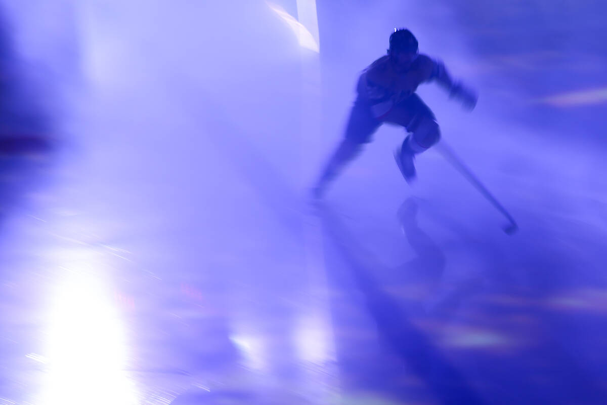 Golden Knights center Chandler Stephenson takes the ice before Game 3 of an NHL hockey Stanley ...