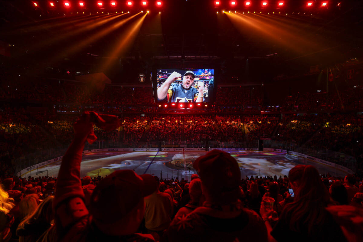 Fans cheer for the Golden Knights before Game 3 of an NHL hockey Stanley Cup first-round playof ...