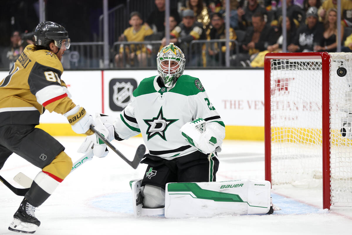 Golden Knights right wing Jonathan Marchessault (81) watches the puck after Stars goaltender Ja ...