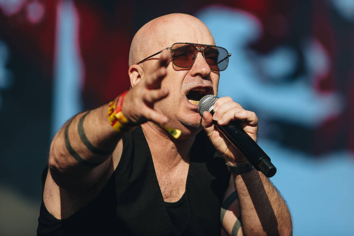 Nitzer Ebb performs during the Sick New World music festival at the Las Vegas Festival Grounds ...