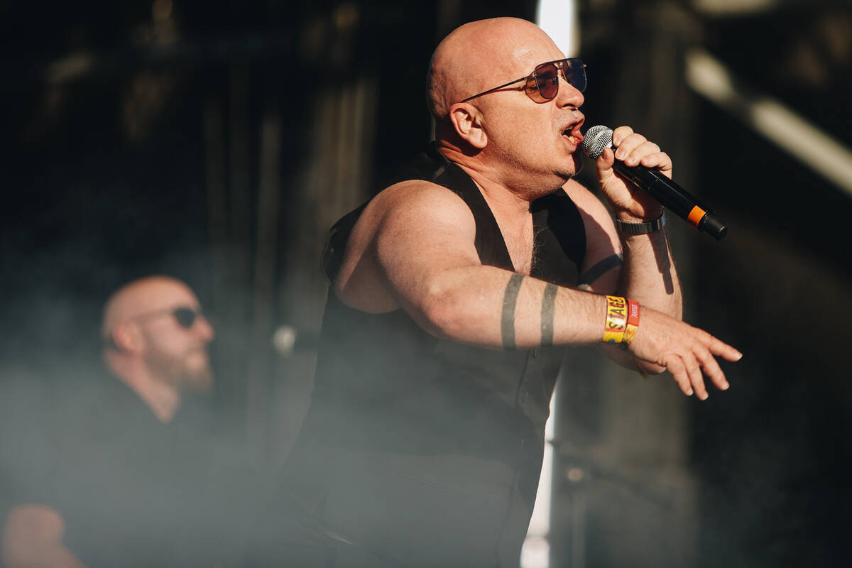 Nitzer Ebb performs during the Sick New World music festival at the Las Vegas Festival Grounds ...
