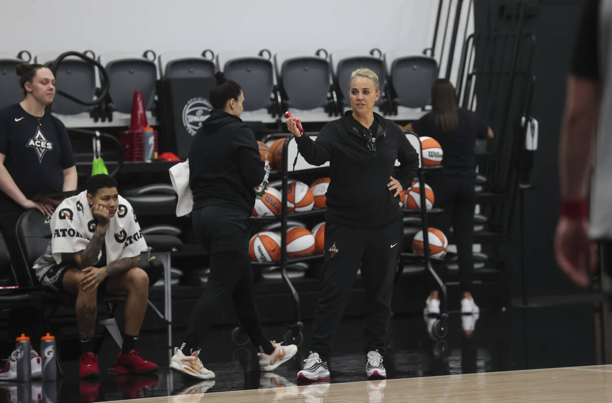 Las Vegas Aces head coach Becky Hammon leads practice at the team’s facility on Sunday, ...