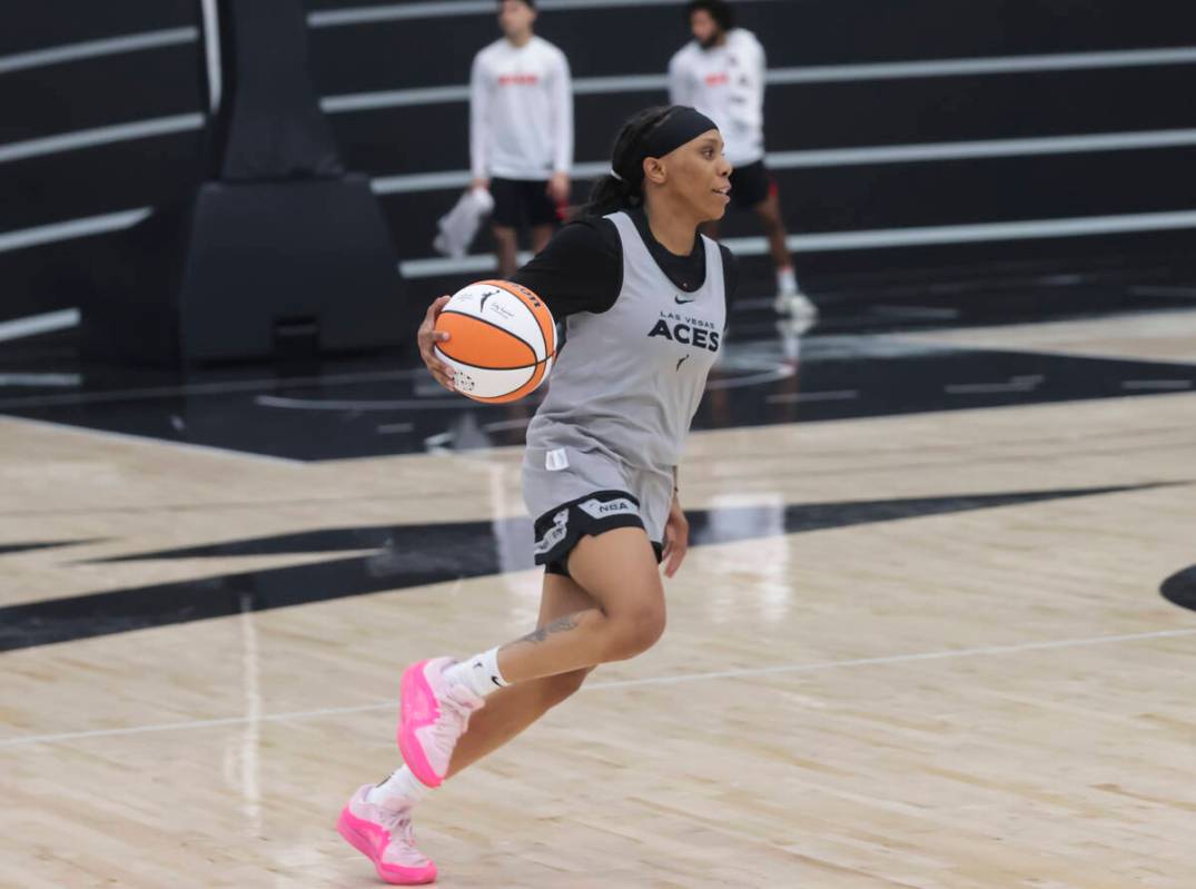 Las Vegas Aces guard Dyaisha Fair brings the ball up court during practice at the team’ ...