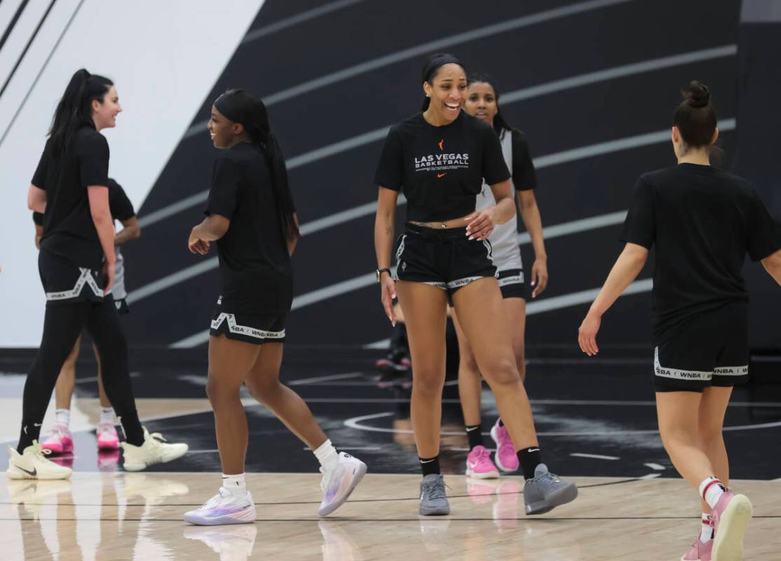 Las Vegas Aces forward A'ja Wilson reacts during practice at the team’s facility on Sund ...