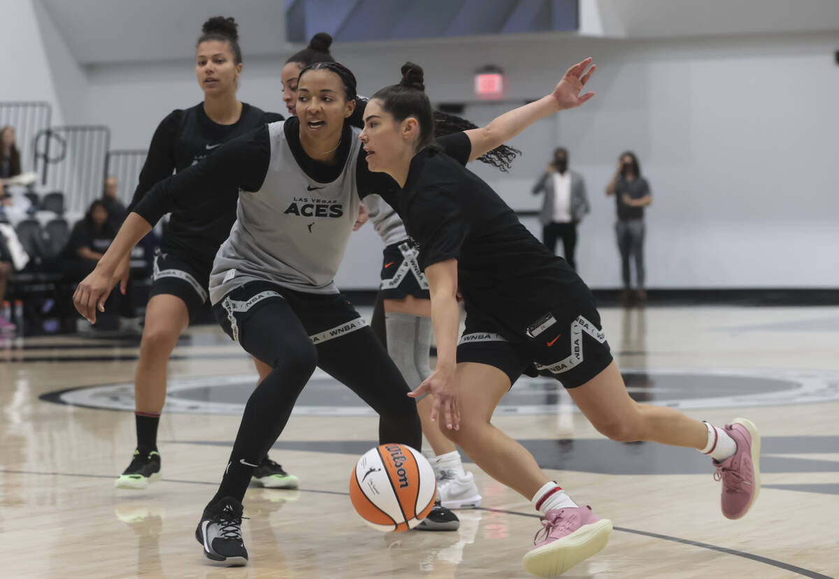 Las Vegas Aces guard Kelsey Plum drives the ball during practice at the team’s facility ...