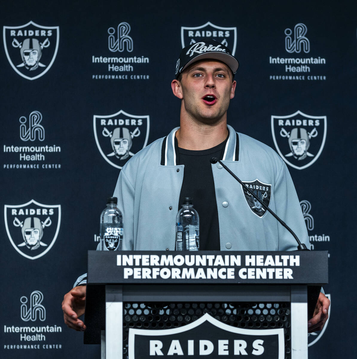 Raiders first round draft pick Brock Bowers speaks during a press conference at the Raiders Hea ...