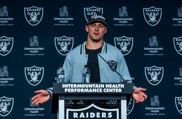 Raiders first round draft pick Brock Bowers speaks during a press conference at the Raiders Hea ...