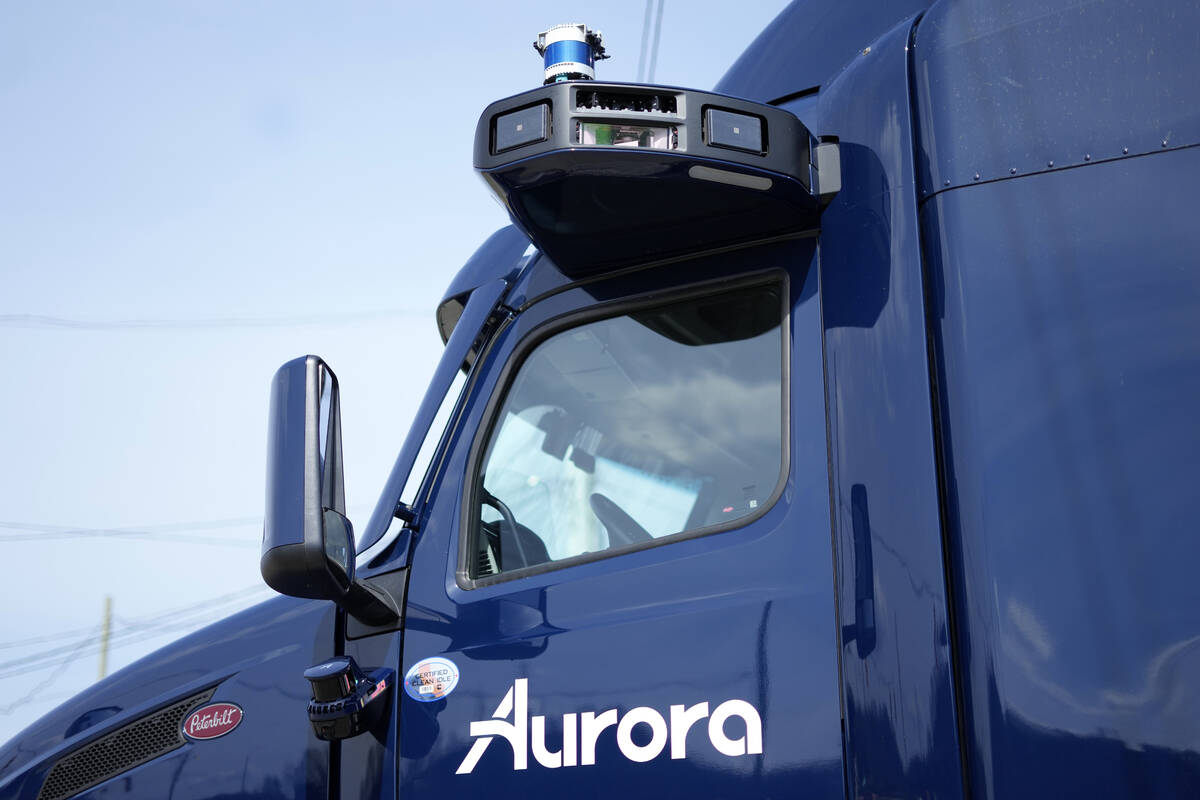 A self-driving tractor trailer is displayed at a test track in Pittsburgh, Thursday, March 14, ...