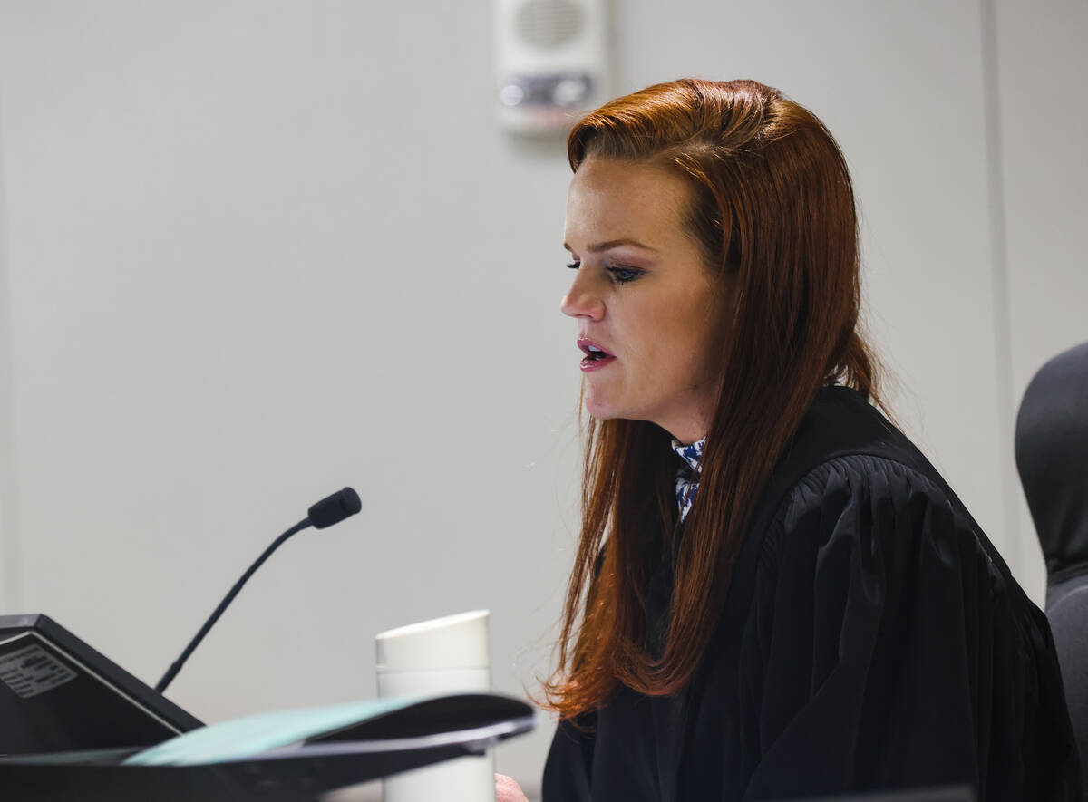 Justice of the Peace Rebecca Saxe presides over the courtroom at the Regional Justice Center in ...