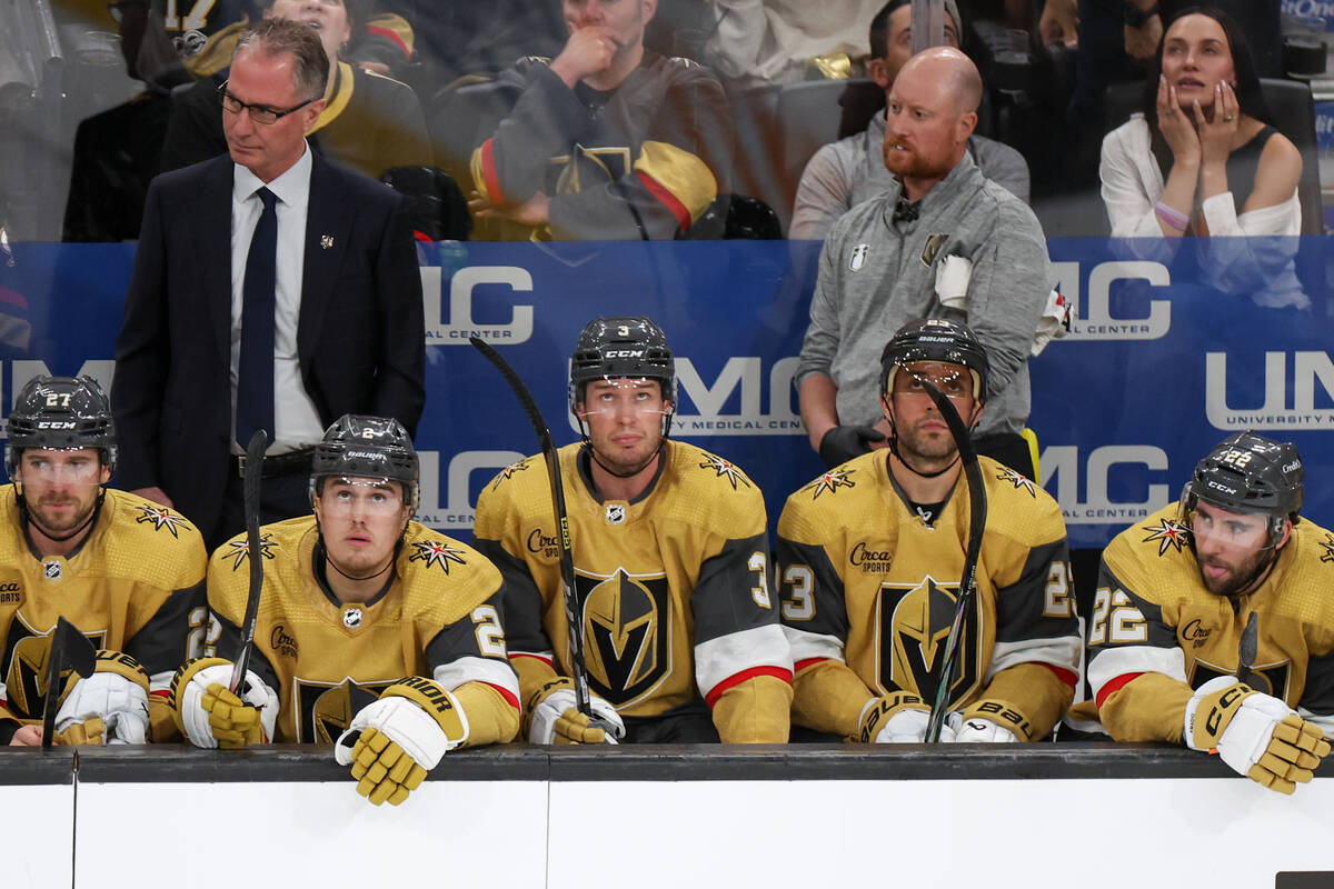 The Golden Knights bench reacts after the Stars scored during the second period in Game 4 of an ...