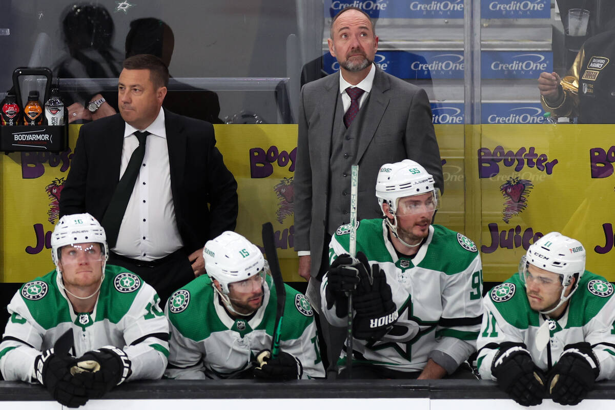 Stars head coach Peter DeBoer, a previous Golden Knights head coach, watches an instant replay ...