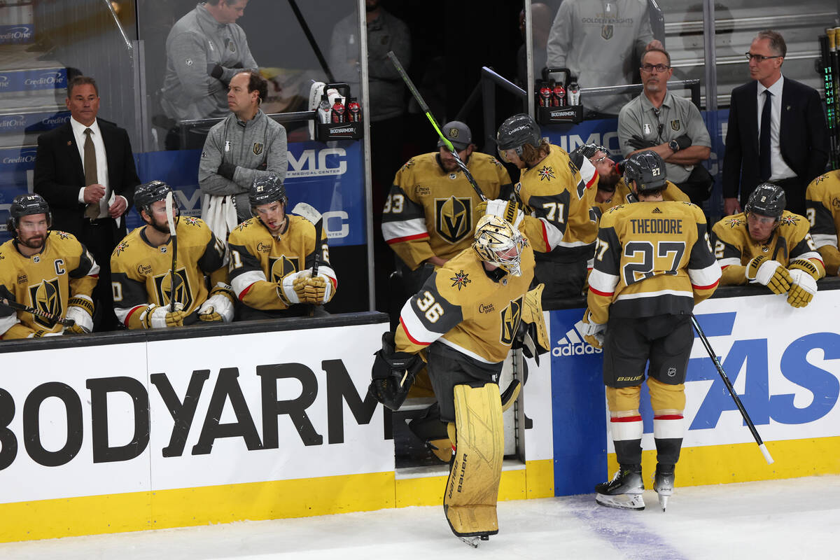 Golden Knights goaltender Logan Thompson (36) skates onto the ice after the Stars scored an emp ...