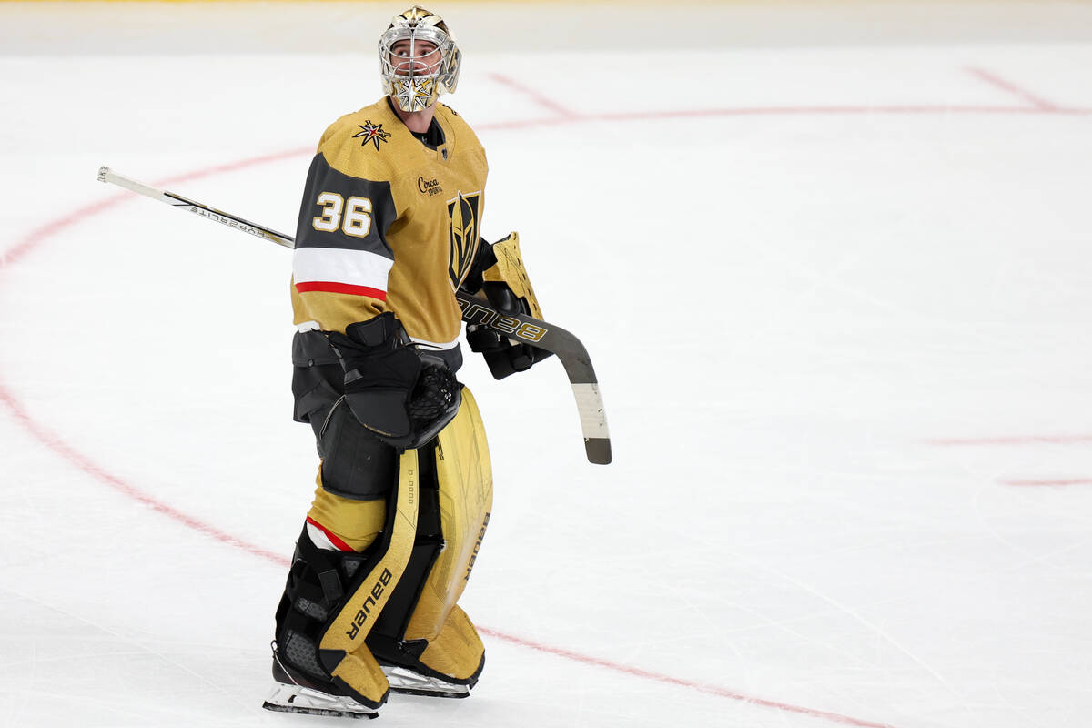 Golden Knights goaltender Logan Thompson (36) skates onto the ice after the Stars scored an emp ...