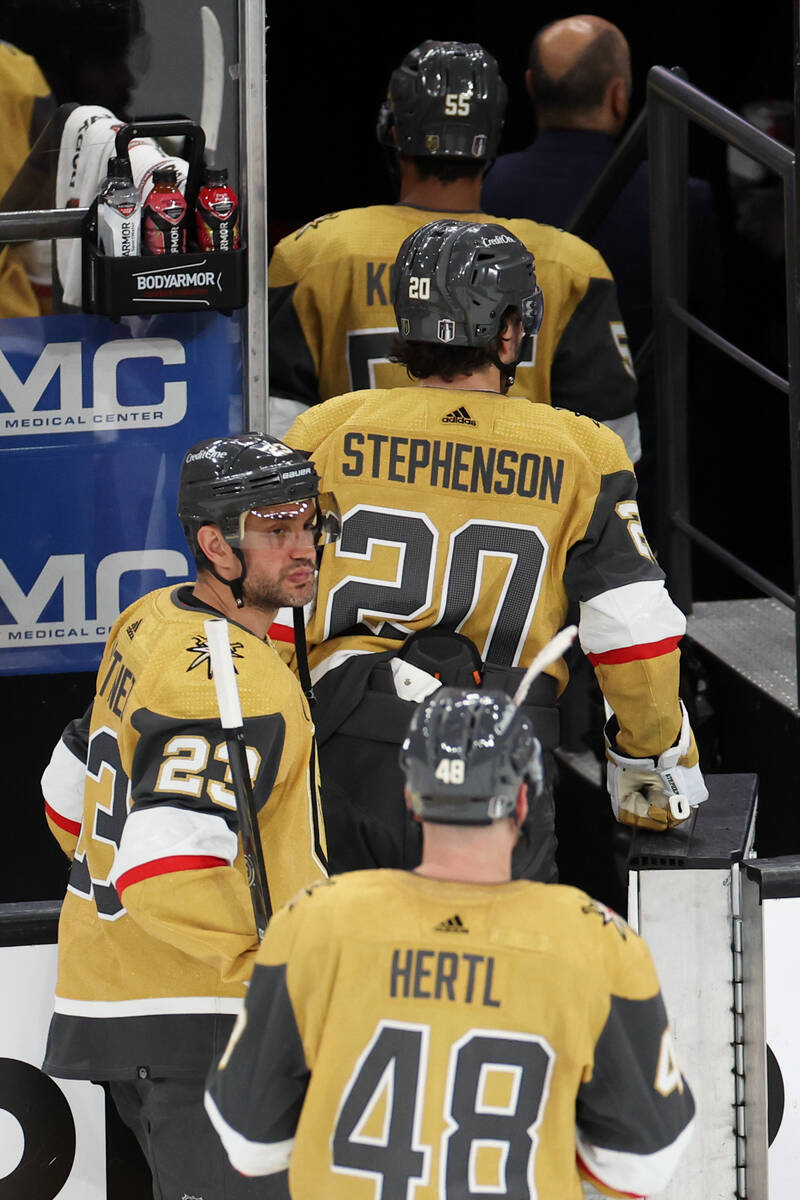 The Golden Knights leave the ice after losing Game 4 of an NHL hockey Stanley Cup first-round p ...