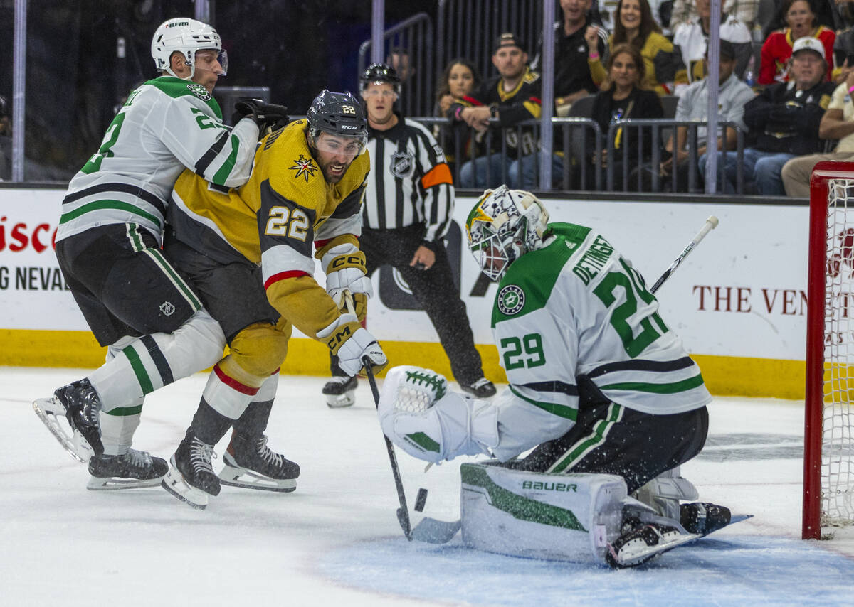 Golden Knights right wing Michael Amadio (22) shoots the puck against Dallas Stars goaltender J ...