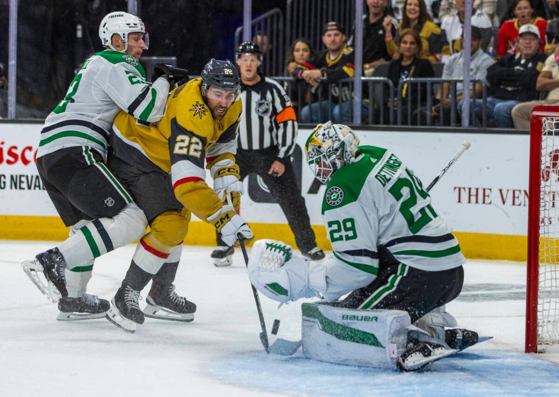 Golden Knights right wing Michael Amadio (22) shoots the puck against Dallas Stars goaltender J ...