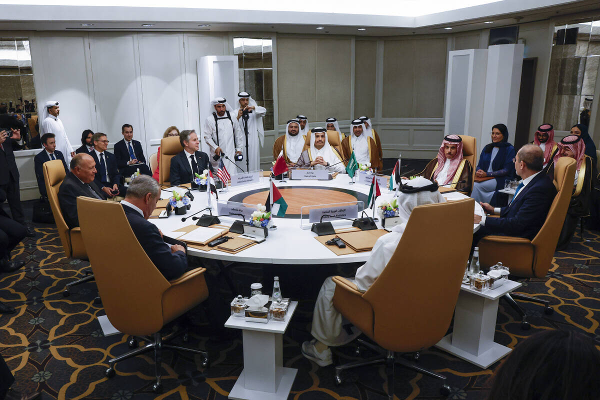 U.S. Secretary of State Antony Blinken, sitting third from left, attends the U.S.-Arab Quint Me ...