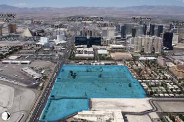 This image looking west along Tropicana Avenue shows the 42 acre site, highlighted in blue. (Co ...