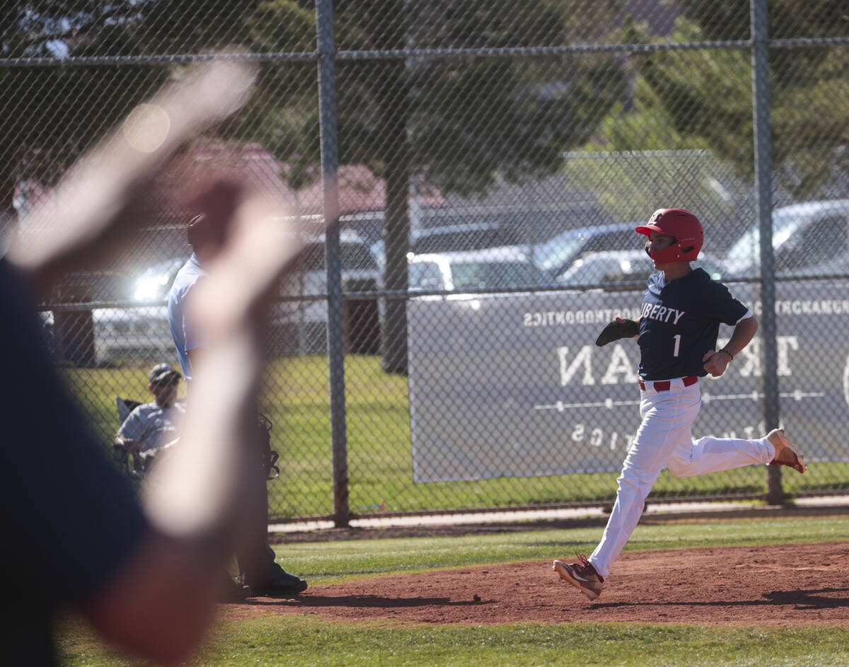 during a baseball game at Liberty High School on Monday, April 29, 2024, in Henderson. (Chase S ...