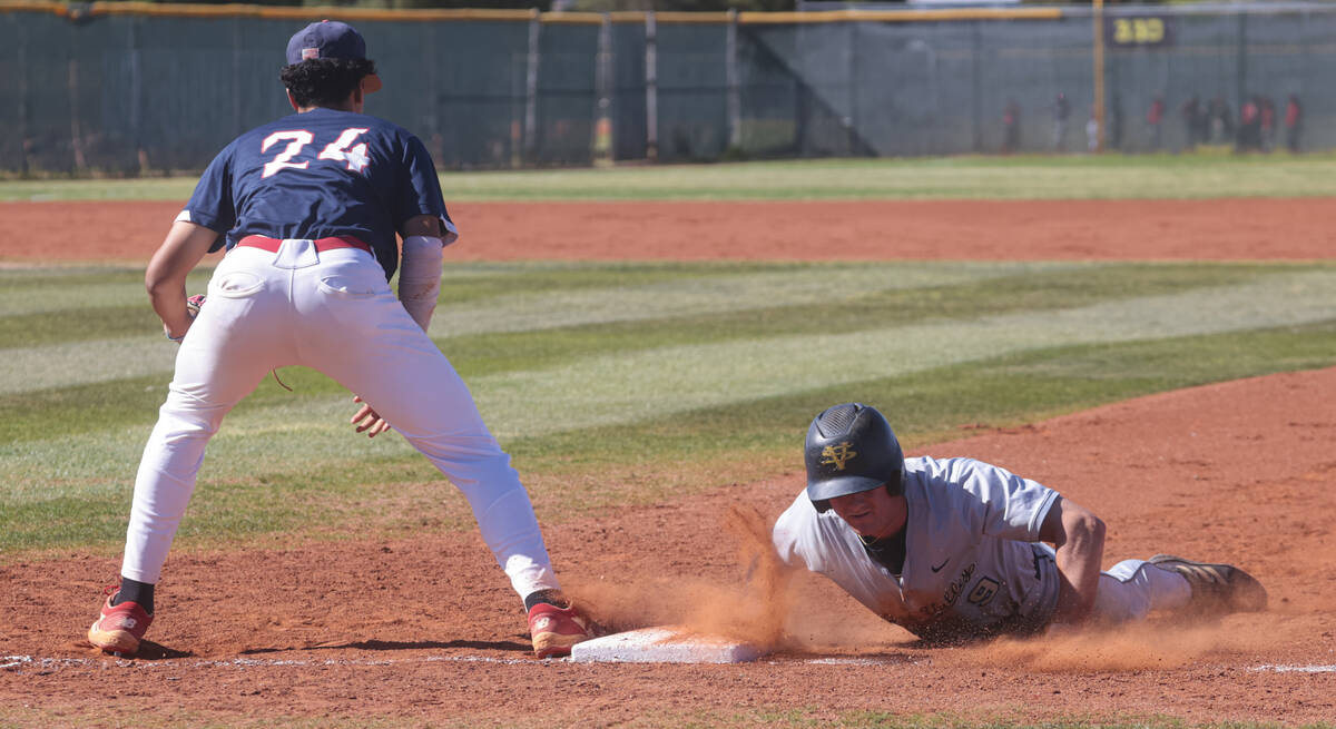 during a baseball game at Liberty High School on Monday, April 29, 2024, in Henderson. (Chase S ...