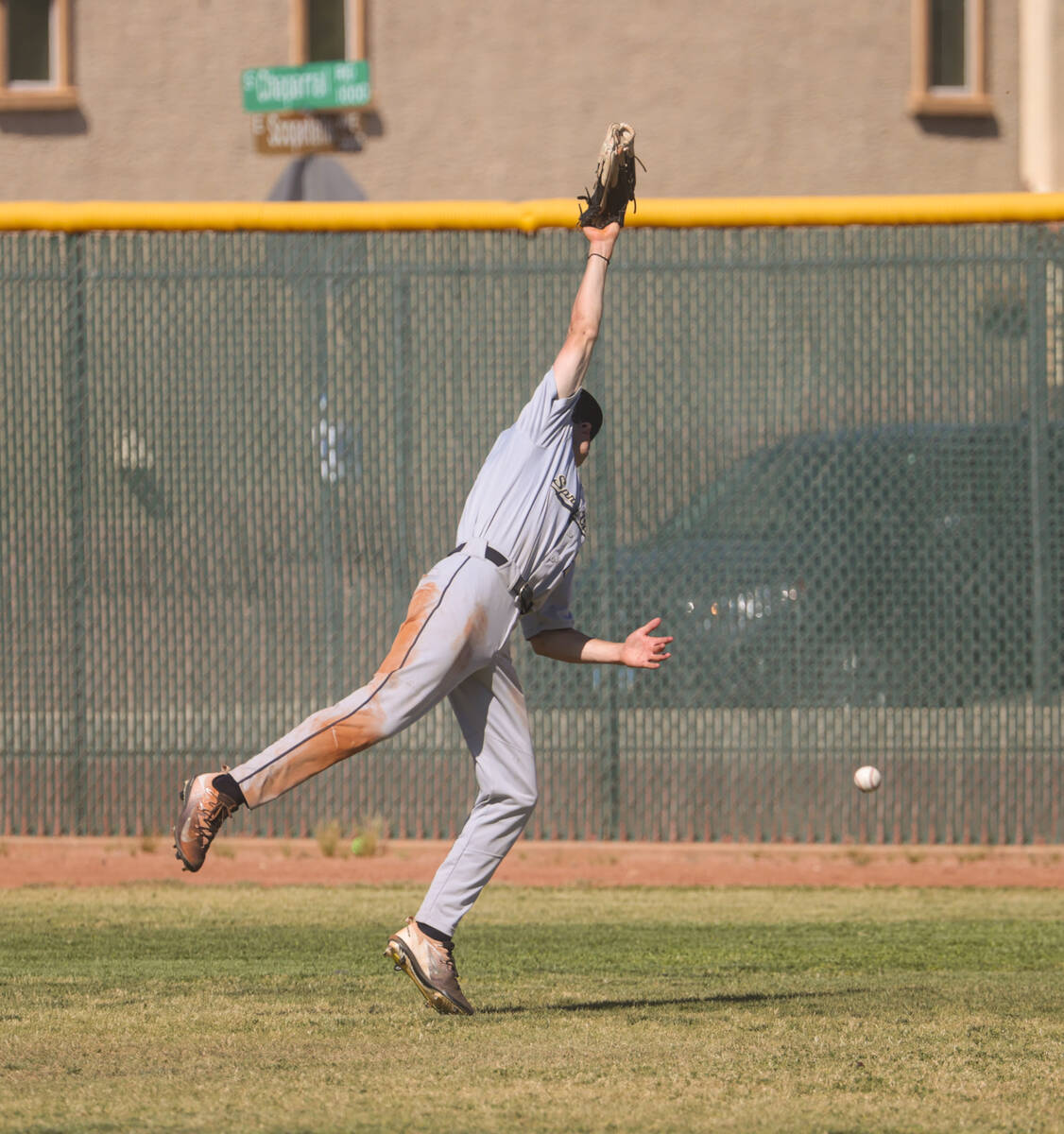 Spring Valley's Matthew Rogers misses a fly ball during a baseball game at Liberty High School ...