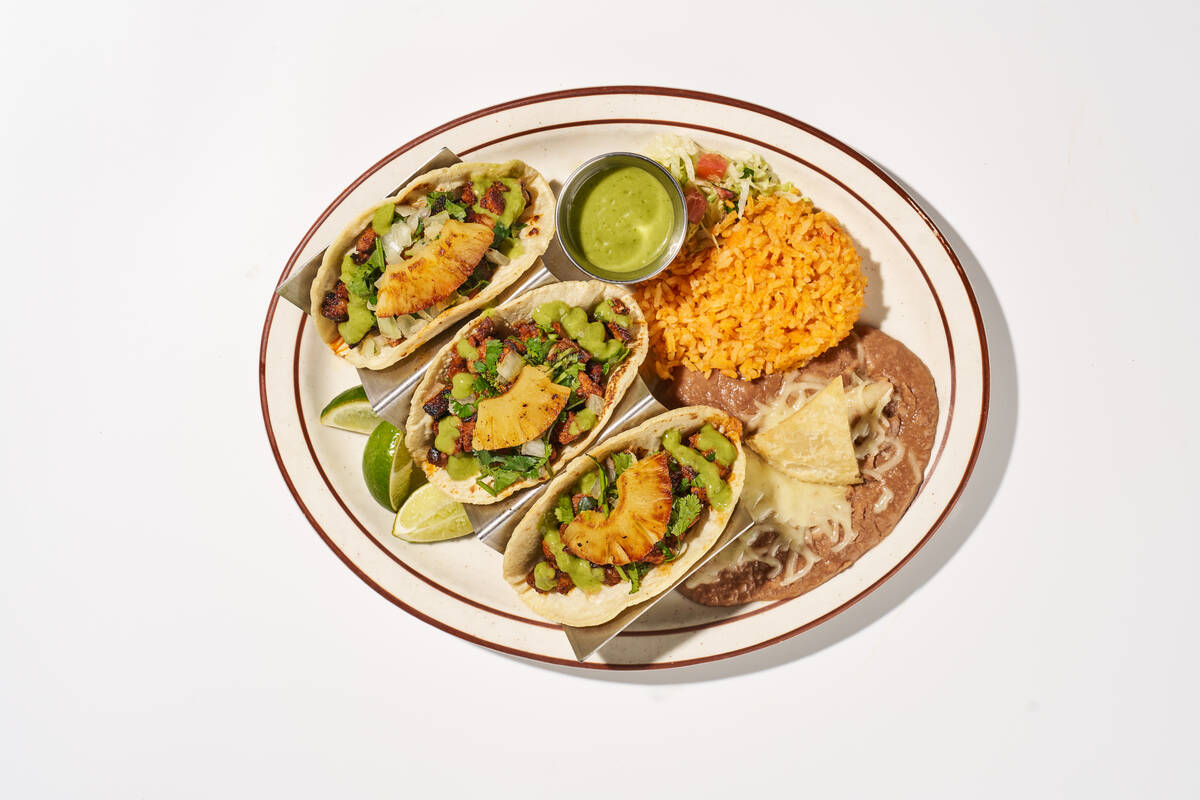 Tacos al pastor from Lindo Michoacan, which is opening an outpost on May 2, 2024, at Palace Sta ...