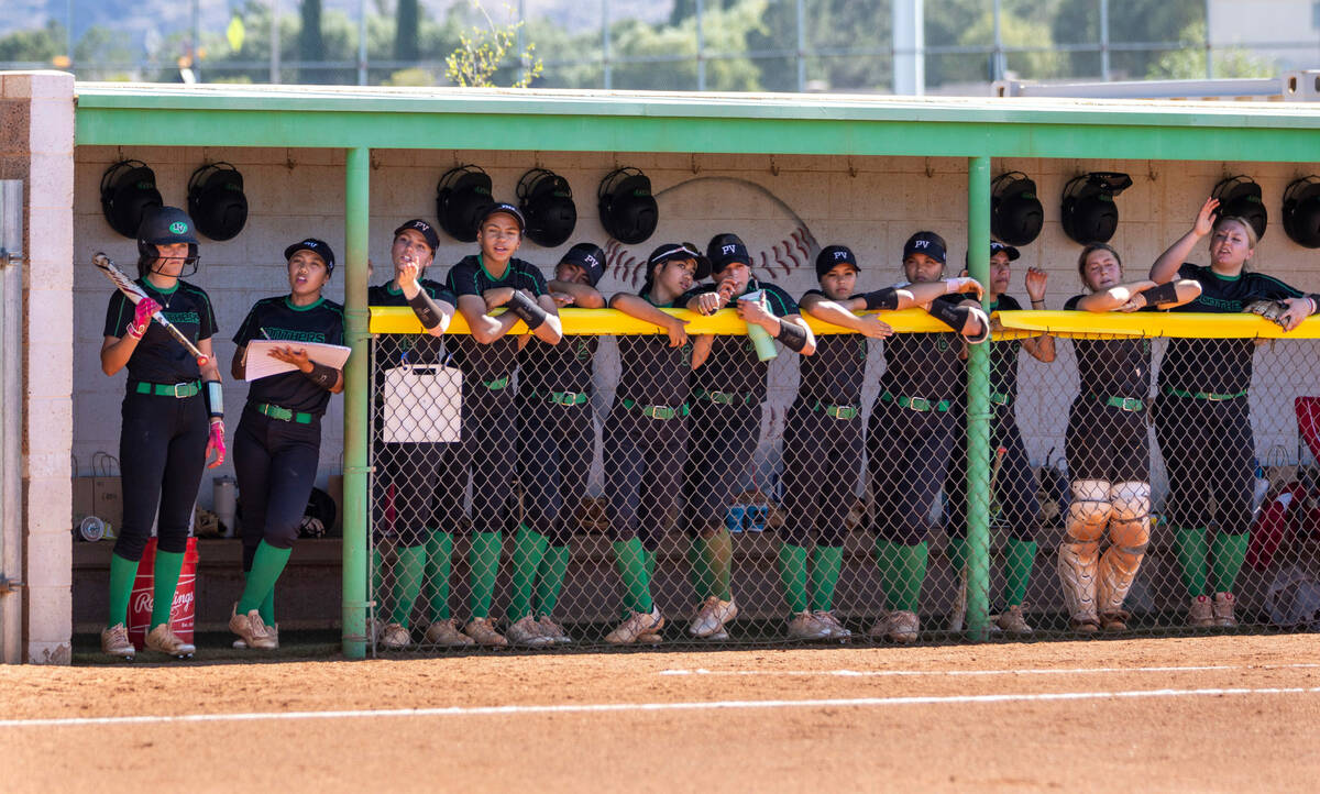 The Palo Verde dugout cheer for their batter against Coronado during the third inning of their ...