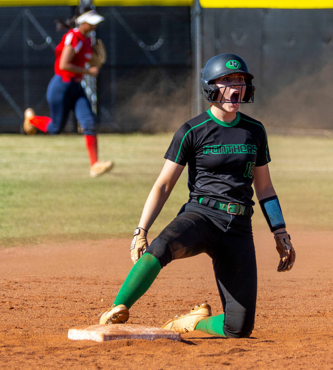 Palo Verde runner Mya Bartlett (18) is shocked by an out call as she attempts to steal second b ...