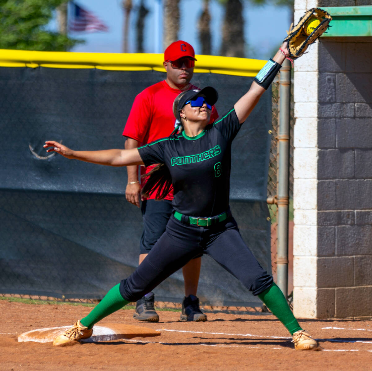 Palo Verde infielder Haley Kearnes (8) makes a grab ahead of a Coronado runner with an out at f ...