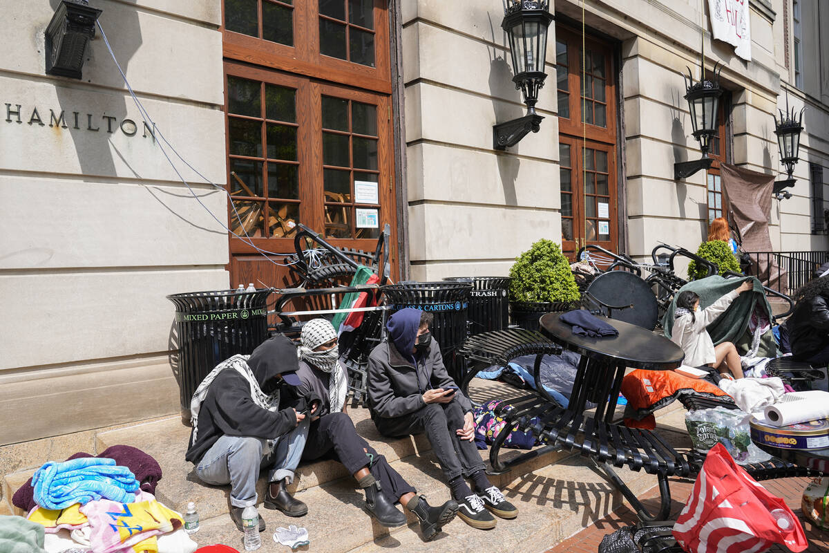 Student protesters camp near the entrance to Hamilton Hall on the campus of Columbia University ...