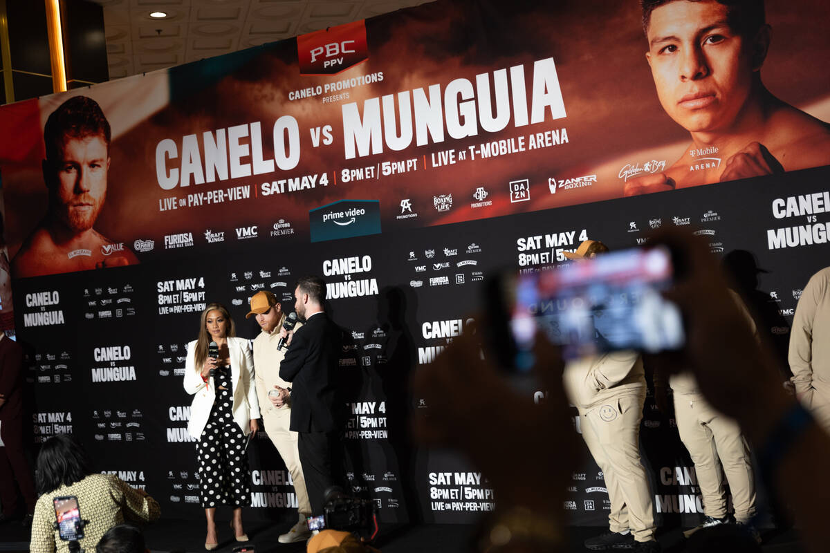 Canelo Alvarez speaks during a news conference after arriving to MGM Grand ahead of his super m ...