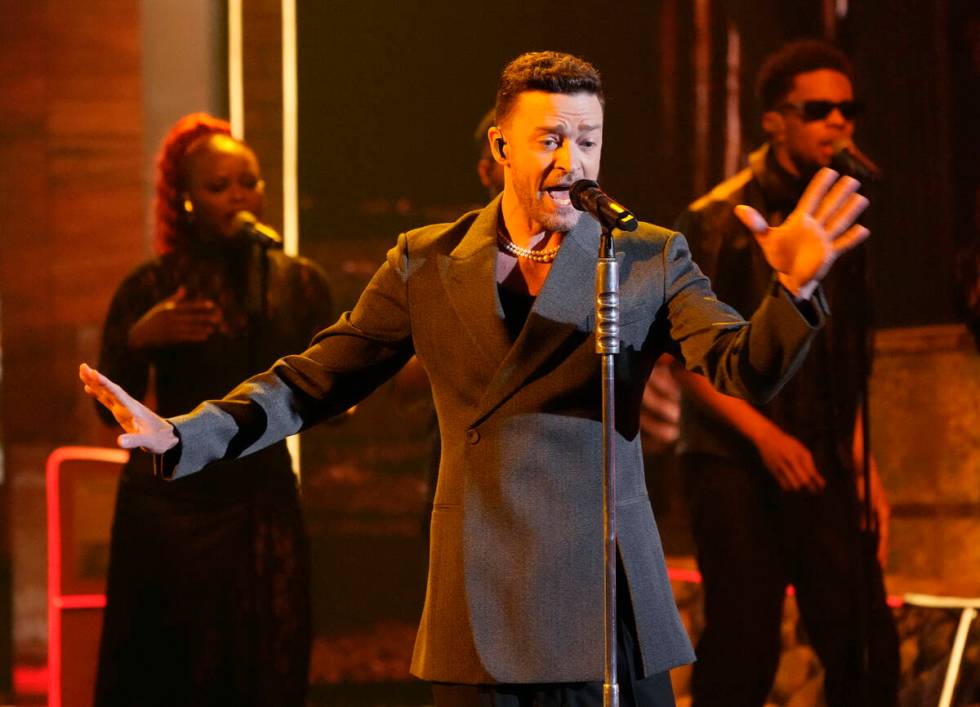 Justin Timberlake performs during the iHeartRadio Music Awards, Monday, April 1, 2024, at the D ...