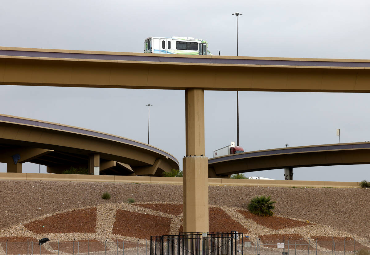 Motorists navigate on the U.S. 95 and Interstate 15 interchange, commonly called the “sp ...