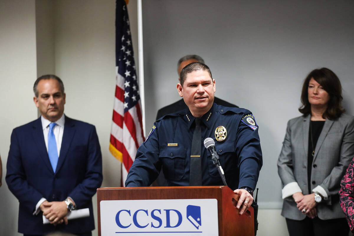 Clark County School District police Chief Henry Blackeye addresses the media during a press con ...