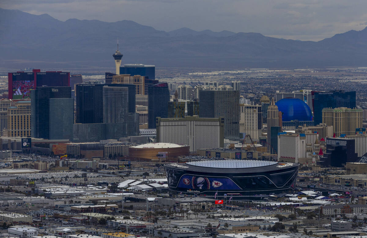 Allegiant Stadium and big hotel-casinos are seen on Friday, Feb. 9, 2024, in Las Vegas. (L.E. B ...