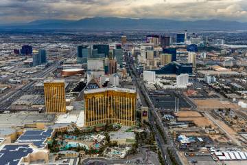 Massive hotel-casinos along the Las Vegas Strip are seen on Friday, Feb. 9, 2024. (L.E. Baskow/ ...