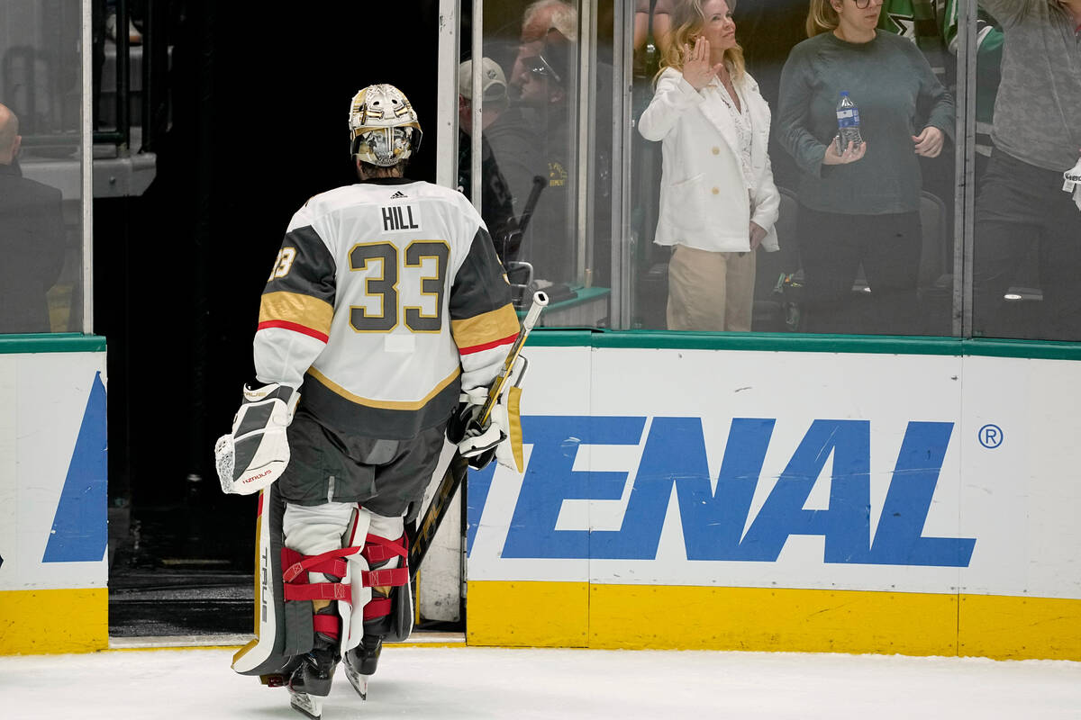 Vegas Golden Knights goaltender Adin Hill (33) leaves the ice after the team's 3-2 loss to the ...