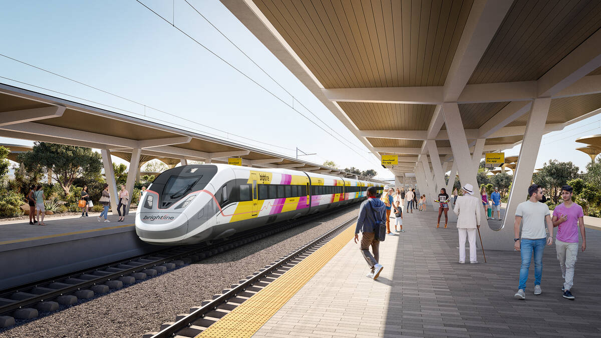 A rendering of a Brightline West train that could be used on the planned Las Vegas-to-Southern ...