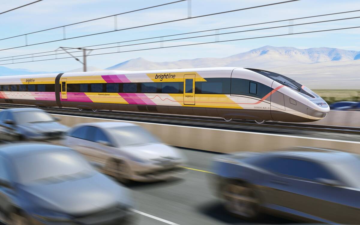 A rendering of a Brightline West train that could be used on the planned Las Vegas-to-Southern ...