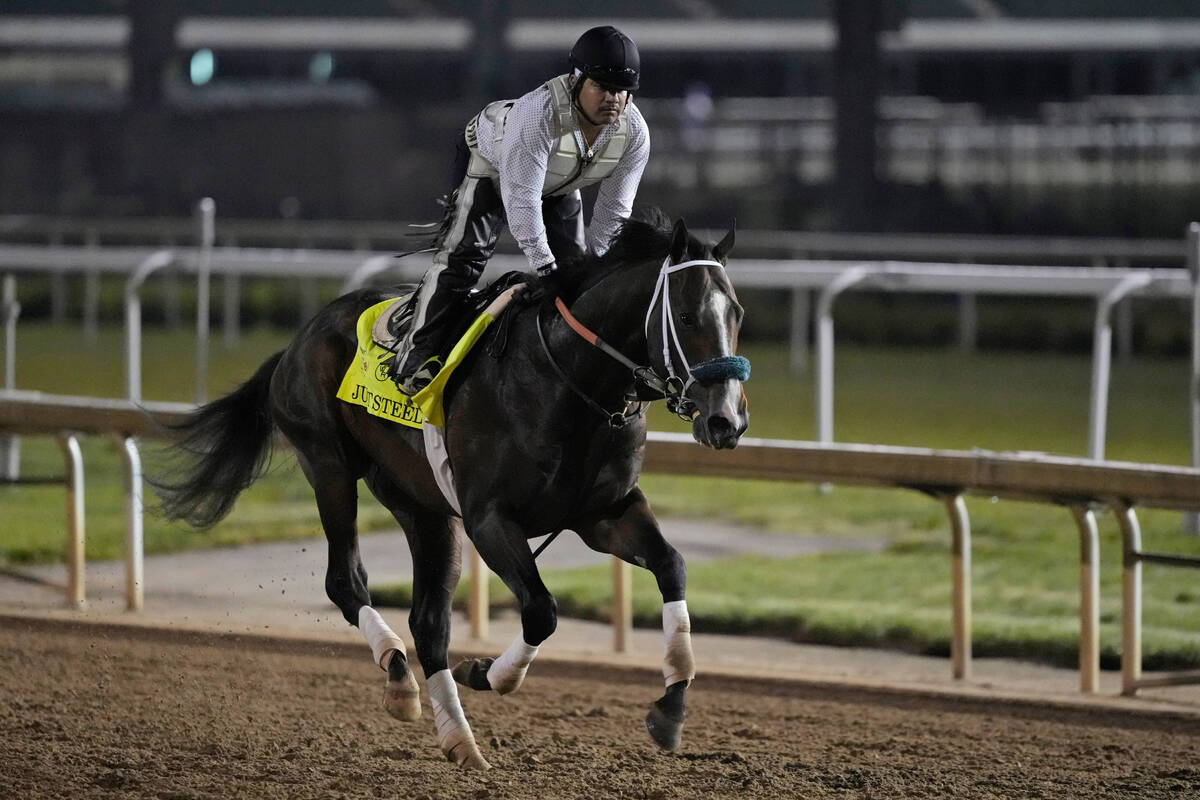 Kentucky Derby hopeful Just Steel works out at Churchill Downs Wednesday, May 1, 2024, in Louis ...
