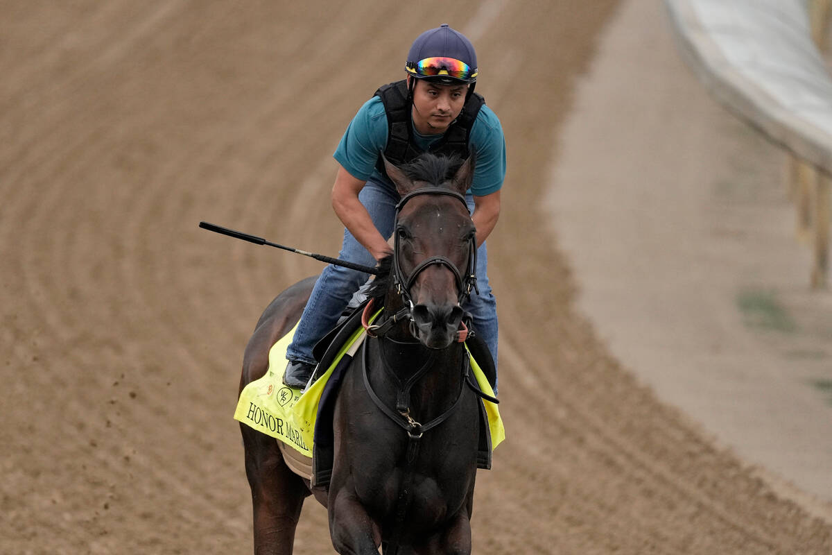 Kentucky Derby hopeful Honor Marie works out at Churchill Downs Tuesday, April 30, 2024, in Lou ...