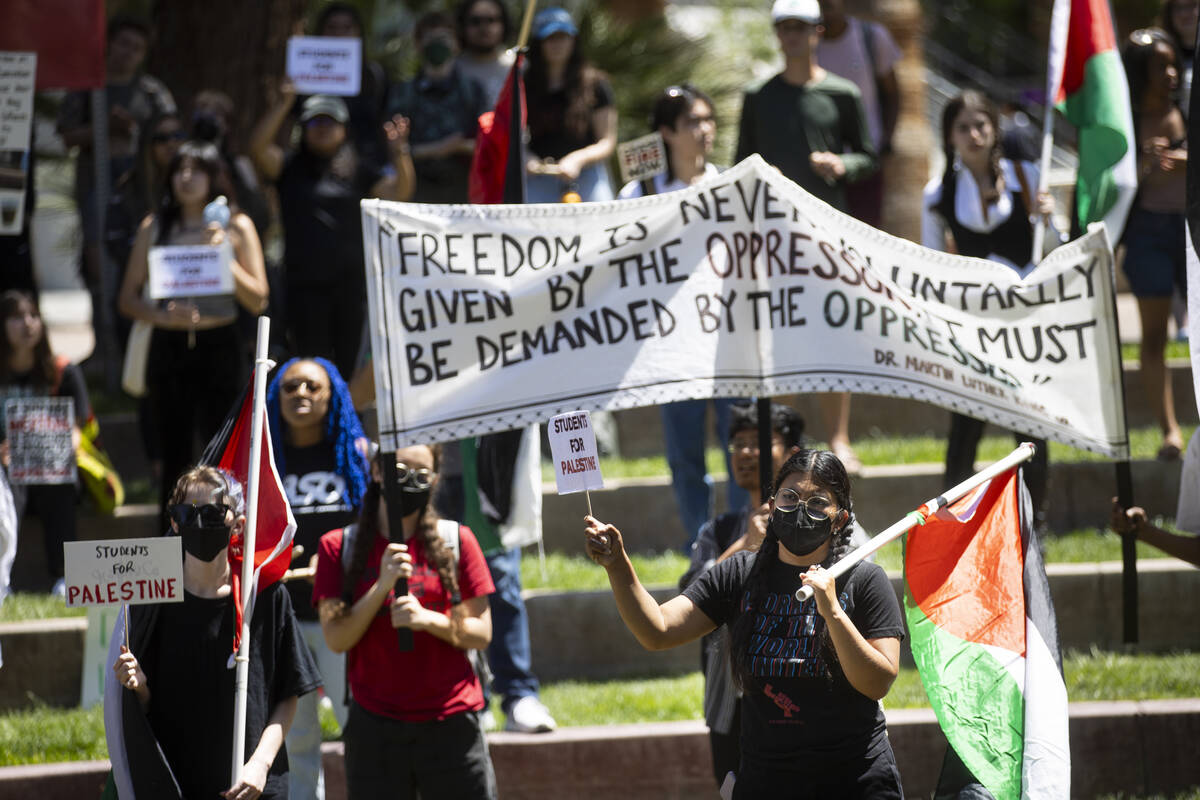 Pro-Palestianian protesters and student groups gather on campus at UNLV on Wednesday, May 1, 20 ...